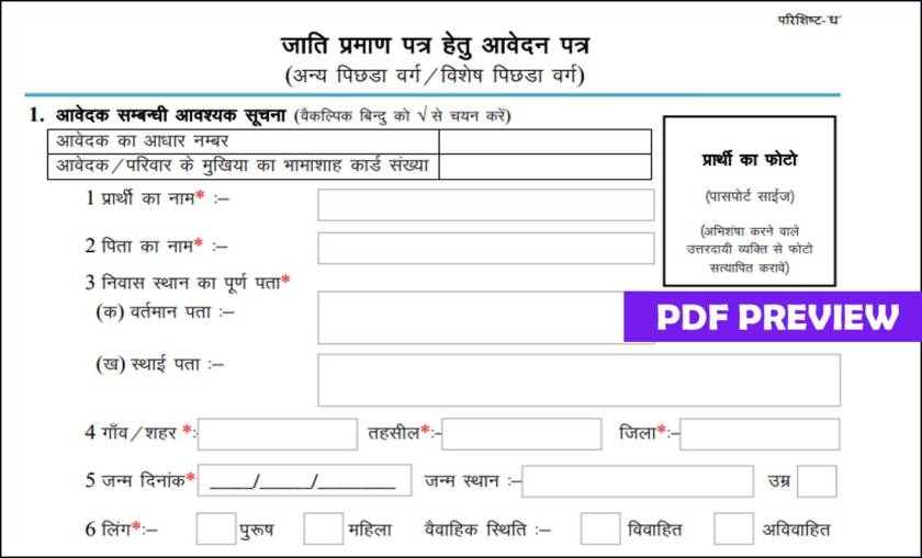 OBC Caste Certificate Form Rajasthan