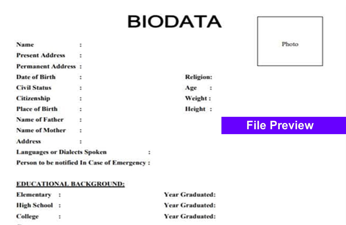 Biodata Format in MS Word
